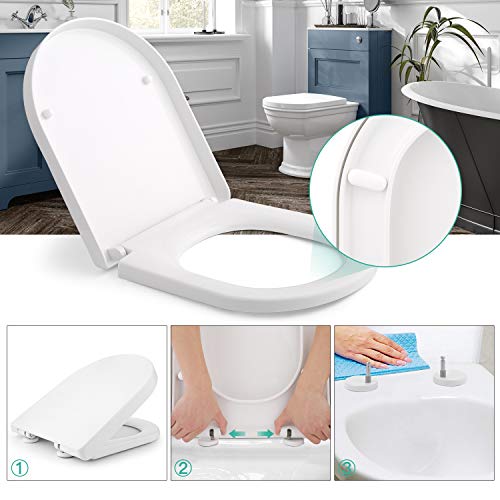 Tapa de WC, HIMIMI Asiento para Inodoro, Asiento de Inodoro en Forma de D, Bisagras Ajustables, Cierre Suave Lento, Desmontaje rápido, Fácil de Limpiar(450 x 361 x 53 mm)