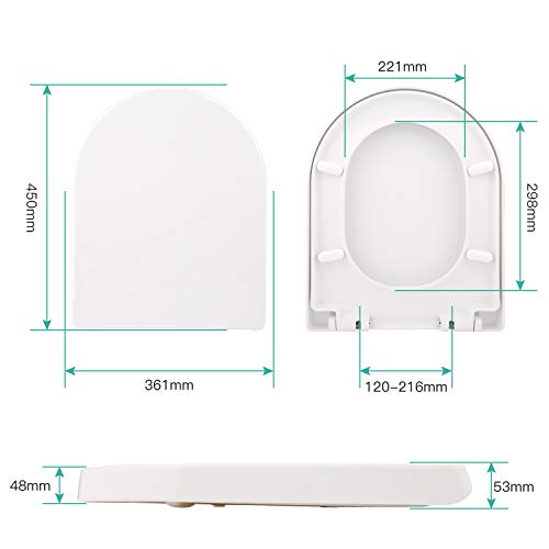 Tapa de WC, HIMIMI Asiento para Inodoro, Asiento de Inodoro en Forma de D, Bisagras Ajustables, Cierre Suave Lento, Desmontaje rápido, Fácil de Limpiar(450 x 361 x 53 mm)