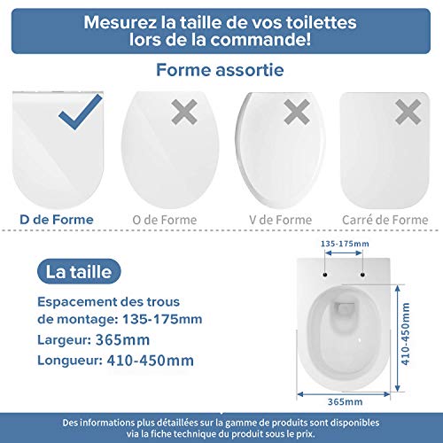 Tapa de WC, MUJIUSHI Asiento para Inodoro, Asiento de Inodoro en Forma de D, Cierre Suave Lento, Bisagras Ajustables, Desmontaje rápido, Fácil de Limpiar