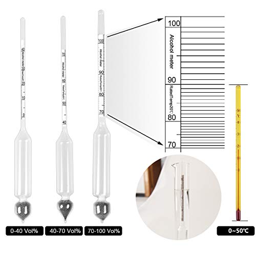 Tefeler Medidor alcohol Alcoholímetro Medidor de Alcohólico 3 Piezas 0~100 Vol% + Termómetro Hidrómetro Densímetro Nivel de Alcohol para Aguardiente Whisky Brandy Vodka