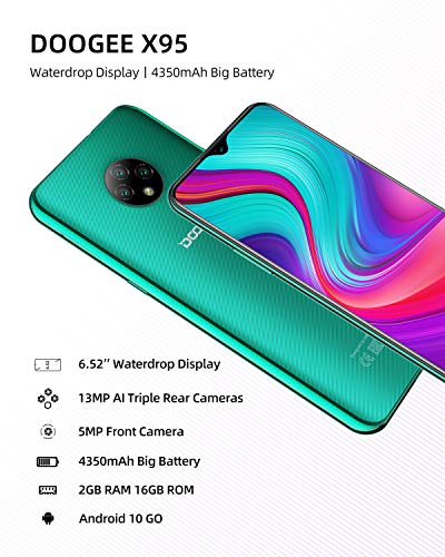 Teléfono Móvil Libres, DOOGEE X95 Android 10 Smartphone Libre 4G, Pantalla 6,52 Pulgadas, 4350mAh Batería, Smartphone Barato Dual SIM, Triple Cámara 13MP+5MP, 16GB ROM, 128GB SD, Face ID - Verde