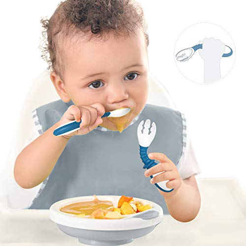 Termichy cubiertos cubiertos para bebés juego de cubiertos de cuchara y tenedor flexibles 6 meses + vajilla de aprendizaje de formación de autoalimentación con estuche de viaje (azul)