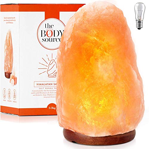 The Body Source Lámpara de Sal del Himalaya (2-3 KG) con Regulador de Intensidad - 100% Natural y Hecha a Mano con Base de Madera + Bombilla de Repuesto Incluida