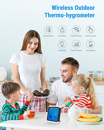 ThermoPro TP65 Termómetro Higrómetro Digital para Interior y Exterior Medidor de Humedad y Temperatura Inalámbrico con Pantalla Táctil Grande y Retroiluminación