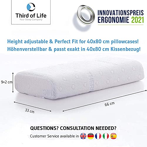 Third of Life Almohada de Espuma Viscoelástica HADAR High | Almohada Cervical Ergonómica | Funda con Termorregulación | Altura Ajustable | Ideal para Dormir de Lado o Boca Arriba | 80x40cm