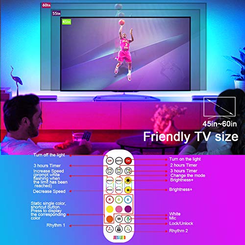 Tira LED TV 3M, JESLED Luces LED RGB Retroiluminación con Control App, Con 29 modos, 16 millones de colores de DIY, adecuado para TV y PC de 45-60 pulgadas