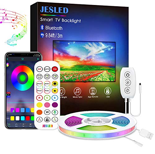 Tira LED TV 3M, JESLED Luces LED RGB Retroiluminación con Control App, Con 29 modos, 16 millones de colores de DIY, adecuado para TV y PC de 45-60 pulgadas