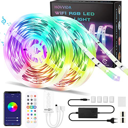 Tiras LED Alexa 20M RGB Música, Compatible con Alexa y Google Home HOVVIDA Luces de Tiras LED 5050 12V para Habitación, Controladas por APP, IR Control Remoto y Controlador, 16 Milliones de Colores