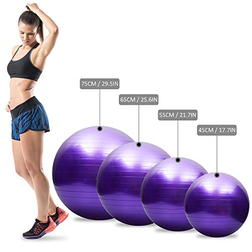 Tomshoo Pelota de yoga antipinchazos, gruesa, estable, pelota de equilibrio, pilates, barra, fitness, 45 cm/55 cm/65 cm/75 cm, bomba de aire, morado, 45 cm