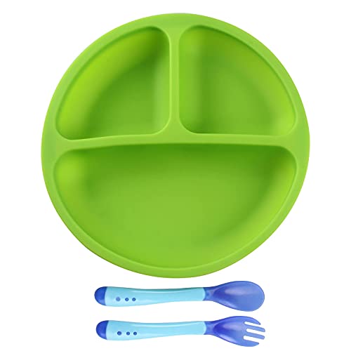 Tougod Juego De Vajilla 1 + 2 Piezas Bandeja De Silicona Para Niños Destete Con Plato Con Ventosa Para Niños Y Tenedor Y Cuchara, Naranja (Green)