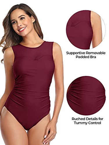 Traje de Baño Mujer Una Pieza con Cuello Redondo Sexy de Playa Vino Tinto M