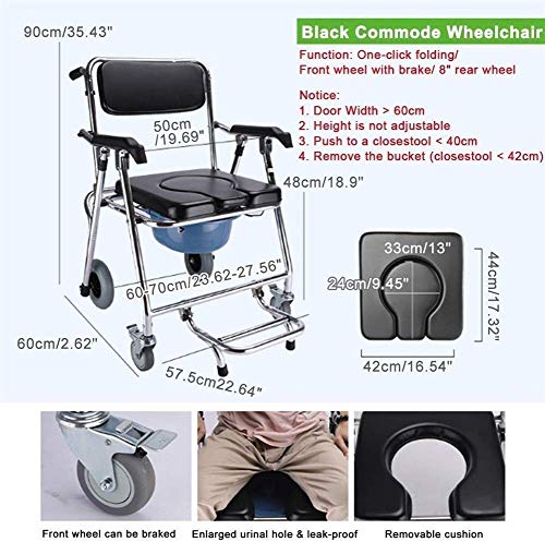 Transporte Silla de ruedas con silla de ruedas plegable con respaldo y reposabrazos, camara de ducha Silla con cama acolchada Cómoda de asiento Aseador Luz de inodoro Silla de ducha Rodillo