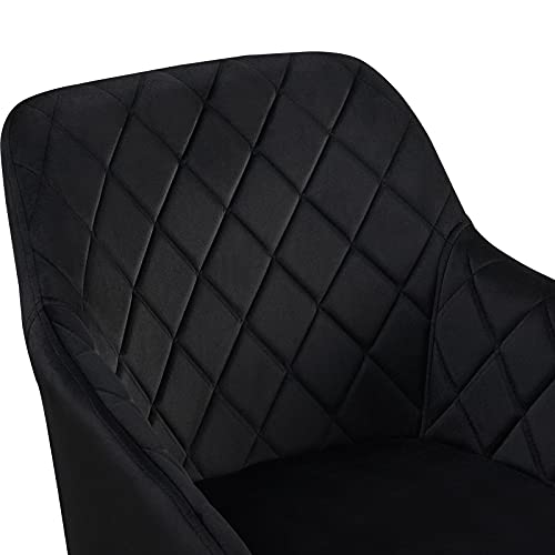 TUKAILAI Juego de 2 sillas de comedor de terciopelo con asiento acolchado, patas de metal, brazos y respaldo, sala de estar, comedor, cocina, dormitorio, recepción, diseño de diamante, color negro