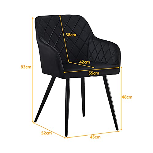 TUKAILAI Juego de 2 sillas de comedor de terciopelo con asiento acolchado, patas de metal, brazos y respaldo, sala de estar, comedor, cocina, dormitorio, recepción, diseño de diamante, color negro