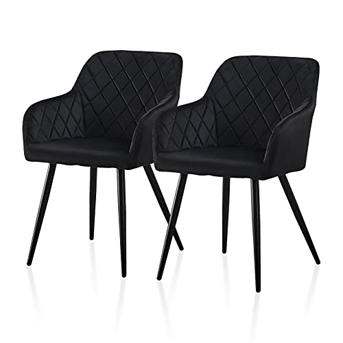 TUKAILAI Juego de 2 sillas de comedor de terciopelo con asiento acolchado, patas de metal, brazos y respaldo, sala de estar, comedor, cocina, dormitorio, recepción, diseño de diamante, color negro