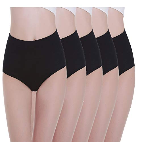 TUUHAW Braguita de Talle Alto Algodón para Mujer Pack de 5 Culotte Bragas de Cintura Alta Cómodo Talla Negro M