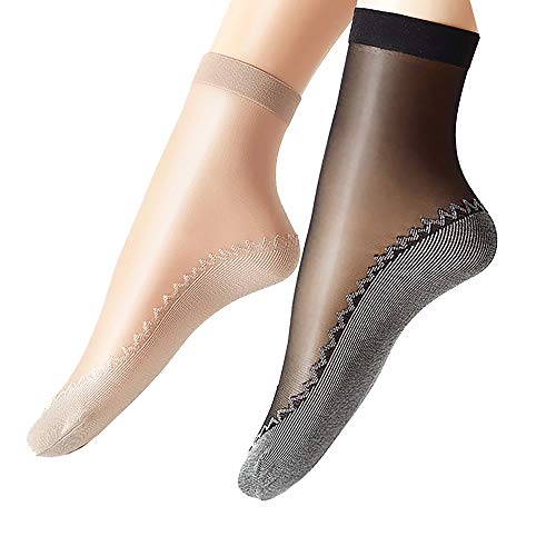 Ueither 12 pares de mujeres sedoso antideslizante de algodón único escarpado tobillo alta medias calcetería calcetines Dedo del pie reforzado (6 Pares Negro 6 Pares Beige)