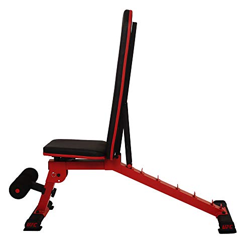 UFC Banco de pesas Folding FID con soporte para piernas. Soporta hasta 363 kg. Asiento y respaldo ajustables. Se puede utilizar como banco plano, banco inclinado, banco negativo y banco abdominal.