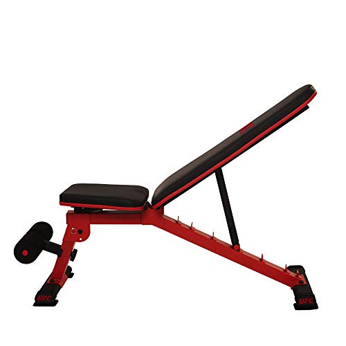 UFC Banco de pesas Folding FID con soporte para piernas. Soporta hasta 363 kg. Asiento y respaldo ajustables. Se puede utilizar como banco plano, banco inclinado, banco negativo y banco abdominal.