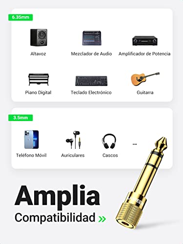 UGREEN Adaptador Jack 6.35 a 3.5, Hi-Fi Audio Estéreo Conector Chapado en Oro, Adaptador Clavija 6.5mm a 3.5 para Auriculares, Piano, Guitarra, Bajo Eléctrico,Teclado Digital, Amplificador, Altavoces