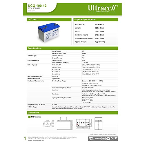 ULTRACELL Batería de Gel para Autocaravana Ciclo Profundo 100Ah (115Ah) a 10h (100h) 12V energía Solar