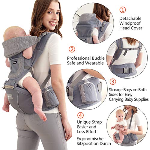 Upchase Mochilas Portabebés Ergonómica, 6 in 1 Multifuncional Ajustable, Multiposición Dorsal y Ventral, Algodón Puro Ligero y Transpirable, con Asiento de Cadera Desmontable, (0 a 36 Meses) Gris