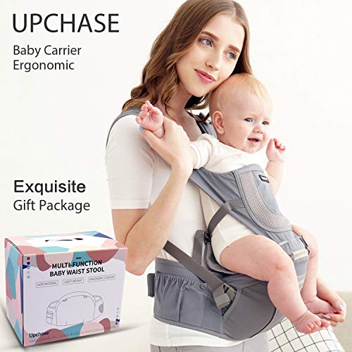 Upchase Mochilas Portabebés Ergonómica, 6 in 1 Multifuncional Ajustable, Multiposición Dorsal y Ventral, Algodón Puro Ligero y Transpirable, con Asiento de Cadera Desmontable, (0 a 36 Meses) Gris