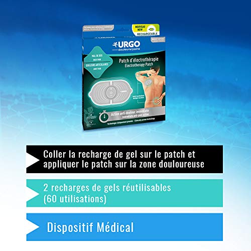 Urgo – Parche de electroterapia recargable multilocalización, acción antidolor inmediata, dolor de espalda, dolores articulares, 1 parche completo, cable USB y 2 recambios de gel adhesivo