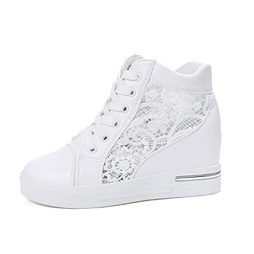 URIBAKY - Zapatillas de deporte para mujer, de piel y goma, con cordones y transpirables, suaves y cómodas, para exteriores, fitness, senderismo, blanco, 39 EU