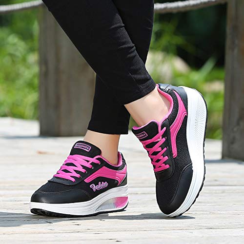 URIBAKY - Zapatillas de elevación de malla para mujer, de moda, zapatillas de balancín con fondo blando, zapatillas deportivas de running, running, fitness, transpirables, Le Noir, 36 EU