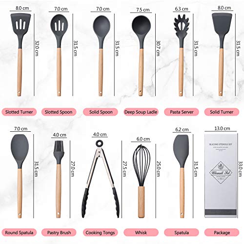 Utensilios Cocina de Silicona Comfook Set de 12 Juego de utensilios de cocina de silicona Antiadherente con Mango de Madera para Utensilios,resistente al calor,sin BPA, antiarañazos,gris