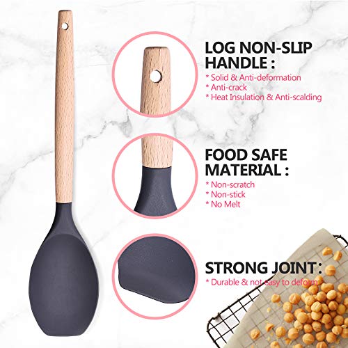 Utensilios Cocina de Silicona Comfook Set de 12 Juego de utensilios de cocina de silicona Antiadherente con Mango de Madera para Utensilios,resistente al calor,sin BPA, antiarañazos,gris