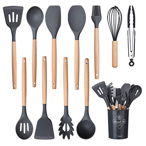 Utensilios Cocina de Silicona Comfook Set de 12 Juego de utensilios de cocina de silicona Antiadherente con Mango de Madera para Utensilios,resistente al calor,sin BPA, antiarañazos,gris