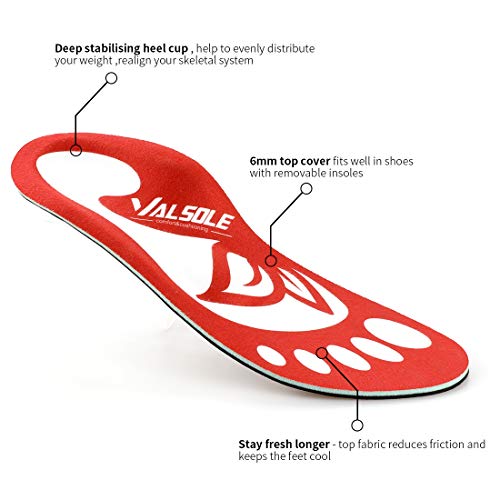 VALSOLE Plantillas Ortopédicas soportes de arco y talones la absorción de choque- para el dolor de talón, pie plano, Fascitis Plantar, dolor de rodilla y espalda (44-45 EU (290mm), red-v7a)