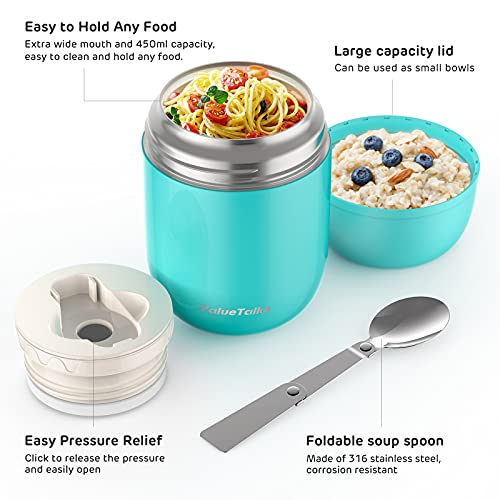 ValueTalks Frasco Térmico Comida 450ml Termo para Alimentos de Acero Inoxidable Aislado al Vacío Frasco con una Cuchara Plegable para Adultos Niños y Bebés (Azul)