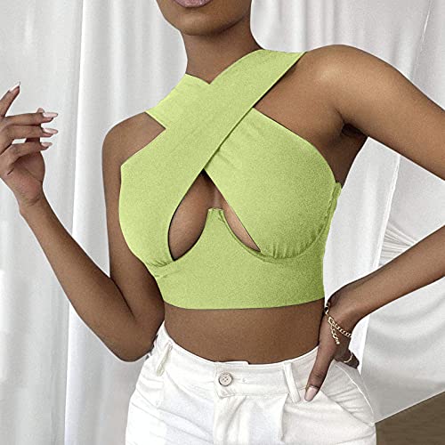 VEMOW Camiseta sin Mangas para Mujer, Moda Y2K Crop Top Camisetas de Tirantes Tirantes Chaleco sin Mangas con Cuello Halter y Corte Corto hacia Fuera Las Inferior Informal de Color Sólido(A Verde,L)