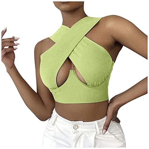 VEMOW Camiseta sin Mangas para Mujer, Moda Y2K Crop Top Camisetas de Tirantes Tirantes Chaleco sin Mangas con Cuello Halter y Corte Corto hacia Fuera Las Inferior Informal de Color Sólido(A Verde,L)