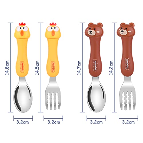 Vicloon 4pcs Tenedor y Cuchara de Acero Inoxidable para Niños, Cubiertos Infantilescon Caja Antipolvo,Utensilios para Niños Pequeños Tenedor y Cuchara para bebe Aprendizaje