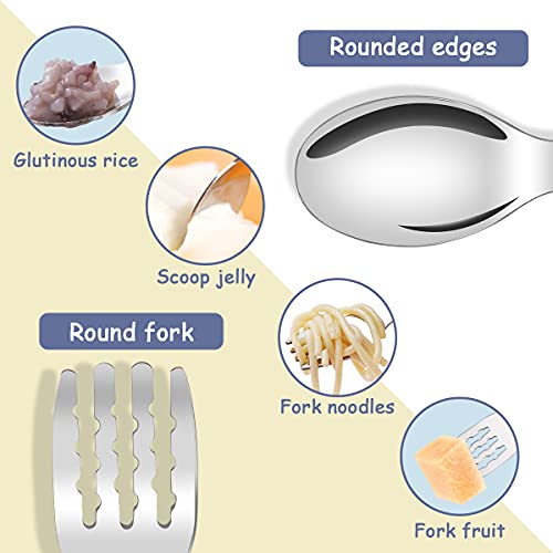 Vicloon 4pcs Tenedor y Cuchara de Acero Inoxidable para Niños, Cubiertos Infantilescon Caja Antipolvo,Utensilios para Niños Pequeños Tenedor y Cuchara para bebe Aprendizaje