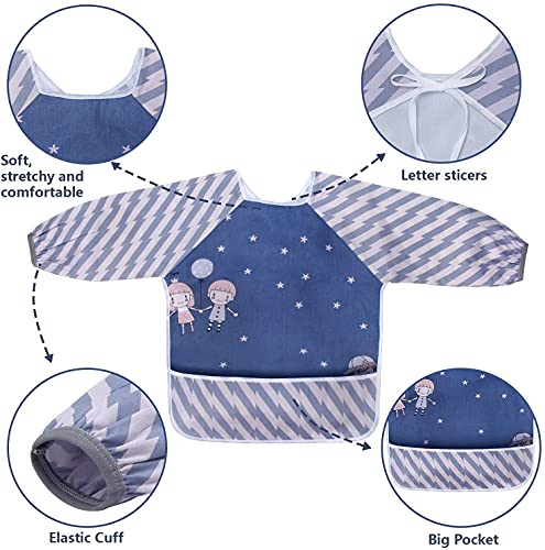 Viedouce Baberos Bebés con Mangas, Impermeables Baberos Manga, Baberos bandolera para bebé con Bolsillo Delantero, Baberos de Alimentación Delantal para Niños Niñas de 6 Meses a 3 Años (2 pack)