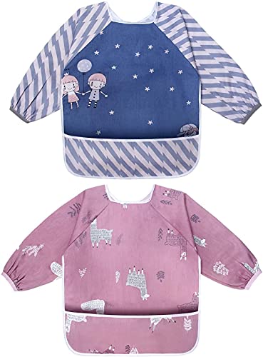 Viedouce Baberos Bebés con Mangas, Impermeables Baberos Manga, Baberos bandolera para bebé con Bolsillo Delantero, Baberos de Alimentación Delantal para Niños Niñas de 6 Meses a 3 Años (2 pack)