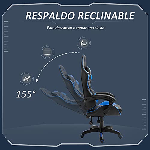 Vinsetto Silla Gaming Profesional Silla de Escritorio Ergonómica Reclinable y Ajustable en Altura con Respaldo Alto Reposacabezas y Reposabrazos 66x66x128-138 cm Azul