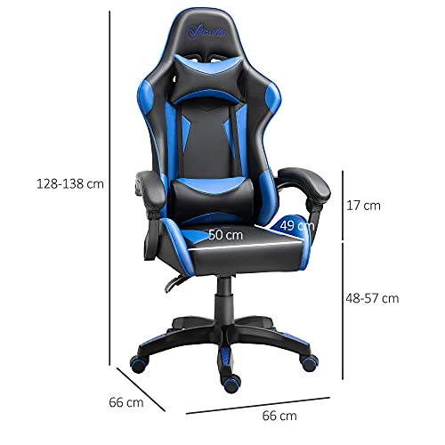 Vinsetto Silla Gaming Profesional Silla de Escritorio Ergonómica Reclinable y Ajustable en Altura con Respaldo Alto Reposacabezas y Reposabrazos 66x66x128-138 cm Azul