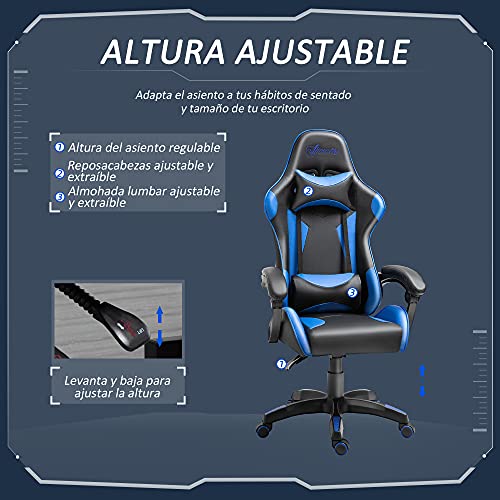 Vinsetto Silla Gaming Profesional Silla de Escritorio Ergonómica Reclinable y Ajustable en Altura con Respaldo Alto Reposacabezas y Reposabrazos 66x66x128-138 cm Azul