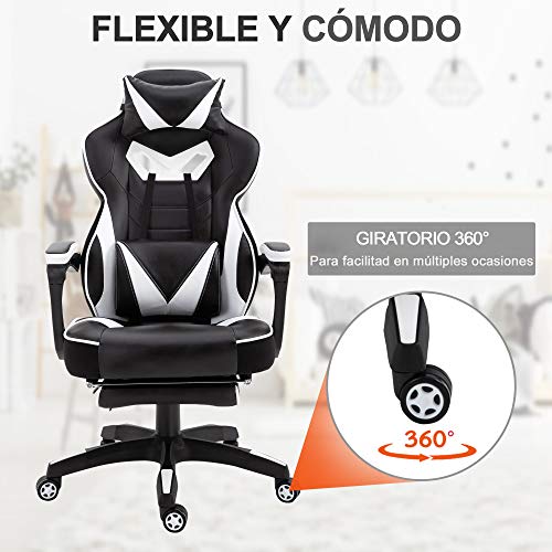 Vinsetto Silla Racing Silla Ergonómica de Escritorio para Oficina Regulable en Altura Reclinable Respaldo con Reposapiés Reposacabezas Cojín Lumbar Ruedas 65x70x118,5-128,5 cm Blanco