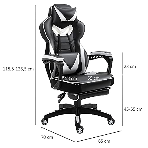 Vinsetto Silla Racing Silla Ergonómica de Escritorio para Oficina Regulable en Altura Reclinable Respaldo con Reposapiés Reposacabezas Cojín Lumbar Ruedas 65x70x118,5-128,5 cm Blanco