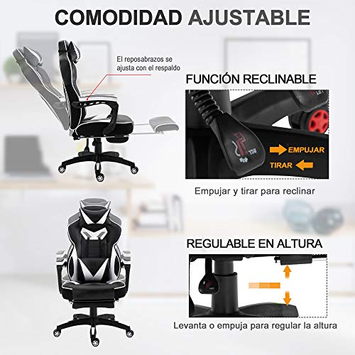 Vinsetto Silla Racing Silla Ergonómica de Escritorio para Oficina Regulable en Altura Reclinable Respaldo con Reposapiés Reposacabezas Cojín Lumbar Ruedas 65x70x118,5-128,5 cm Blanco