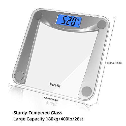 Vitafit Báscula de Baño Digital de Alta Medición Precisa 180kg/400lbs/28st con Tecnología Step-On,Pantalla Grande Retroiluminación,Transparente