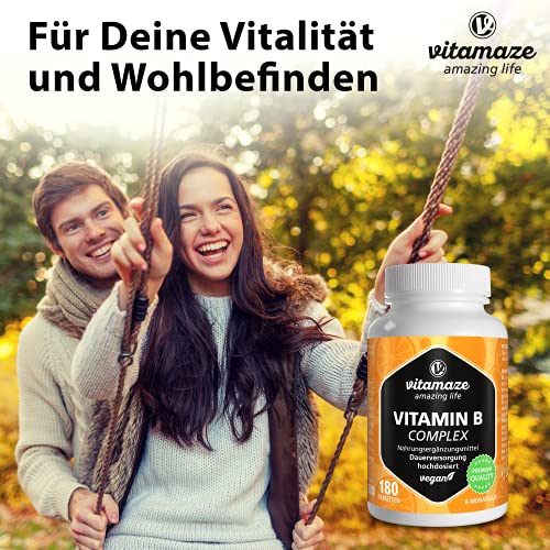 Vitamaze® Vitamina B Complex con 180 Tabletas Veganas de Dosis Alta del para 6 Meses de Suministro B1, B2, B3, B5, B6, B7, B9, B12, Organica Suplemento sin Aditivos Innecesarios, Calidad Alemana