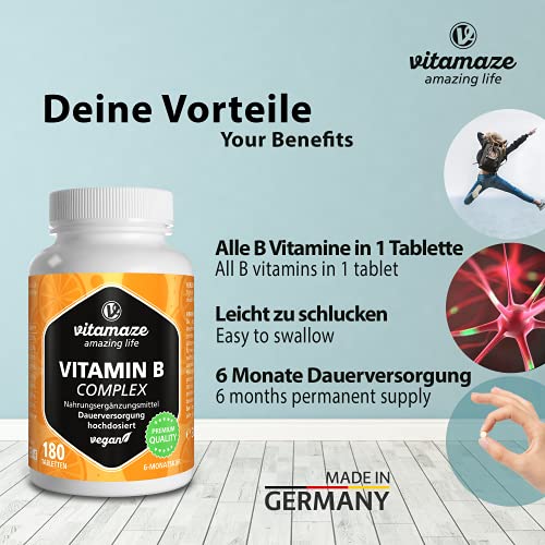 Vitamaze® Vitamina B Complex con 180 Tabletas Veganas de Dosis Alta del para 6 Meses de Suministro B1, B2, B3, B5, B6, B7, B9, B12, Organica Suplemento sin Aditivos Innecesarios, Calidad Alemana